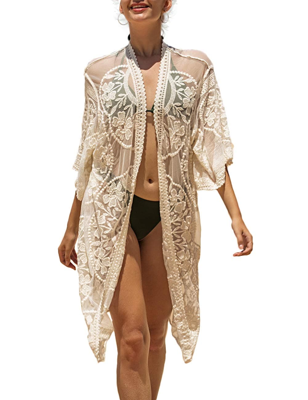 Women's Lace Cardigan Floral Crochet Sheer Beach Cover Ups Long Open Kimono