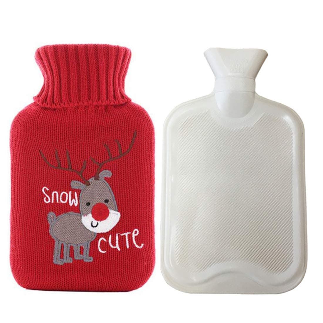 Mini Hot Water Bottle, Hot Water Bag with Reindeer Printed Cover Soft Knitted + Natural Rubber Hot Water Bottle Portable for Kids Keeping Warm & Pain Relief Christmas Bday Gift | Xmas Hot Water Bottle
