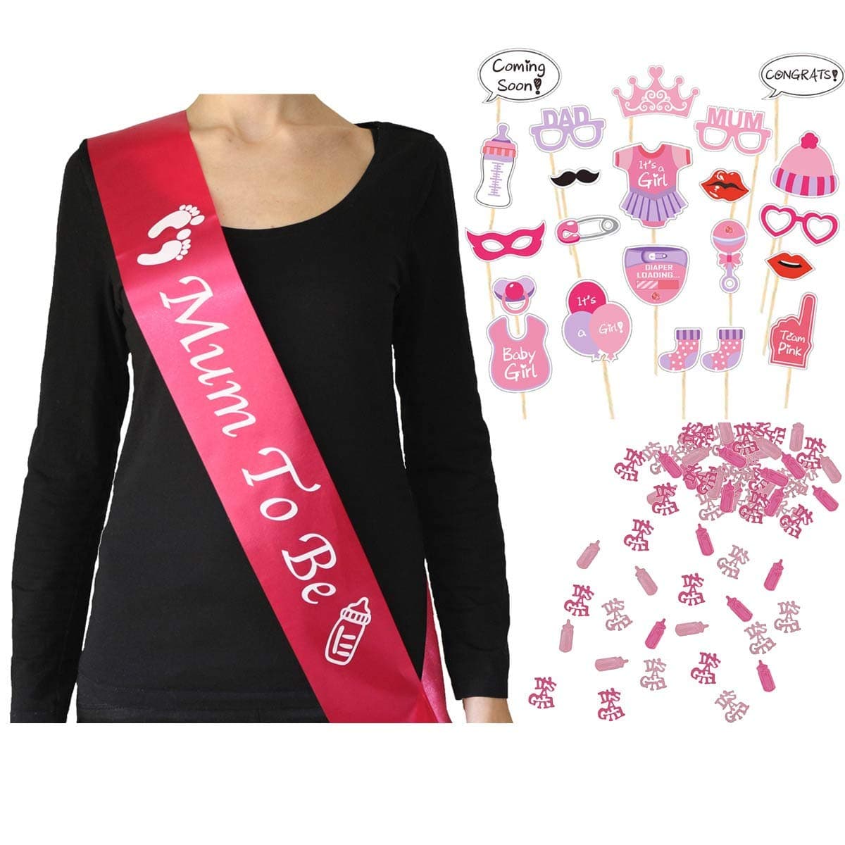 Girl Baby Shower Set and Mum to Be Party Decorations, Mummy to Be Pink Sash, Baby Girl Photo Booth Props and Confetti Mix.