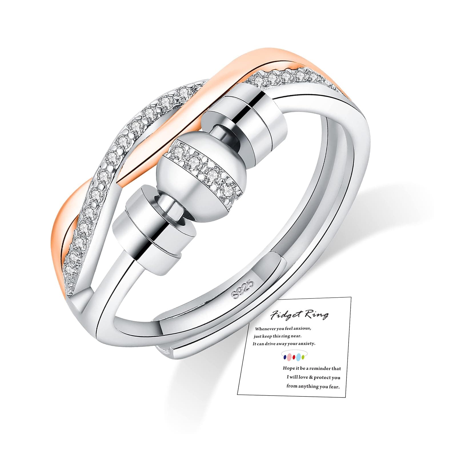 Sterling Silver Anxiety Rings Fidget Rings for Anxiety Women Adjustable Spinner Rings for Girls Cubic Zirconia Stress Relief Ring Gifts(With Gift Card & Box)