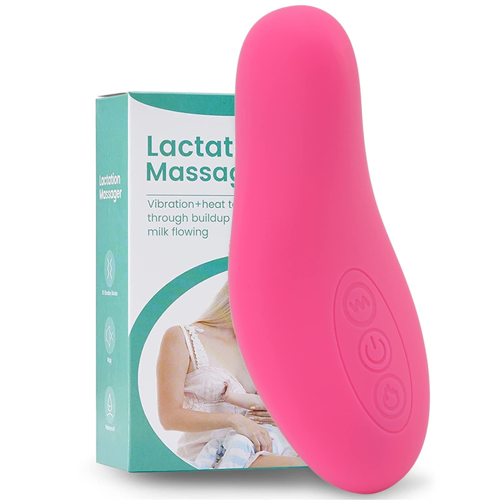 Lactation Massager, IPX7 Waterproof Silicone Breast Massager Heating Vibration Breastfeeding Essentials Ergonomic Warming Massager for Clogged Ducts, Improve Milk Flow(Rose Red)