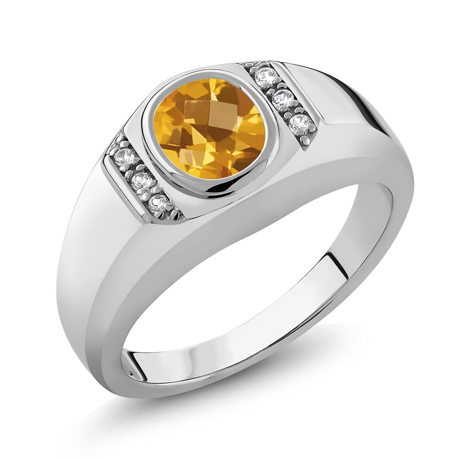 Gem Stone King Men's 925 Sterling Silver Oval Checkerboard Yellow Citrine and White Created Sapphire Ring For Men | 1.31 Cttw | Oval 8X6MM | Available in size 7, 8, 9, 10, 11, 12, 13