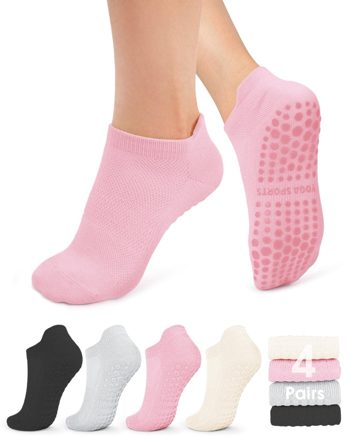 yeuG 4 Pairs Non Slip Pilates Socks with Grips for Women, Grip Socks for Yoga Barre Grippy Crew Socks Woman Sticky Socks