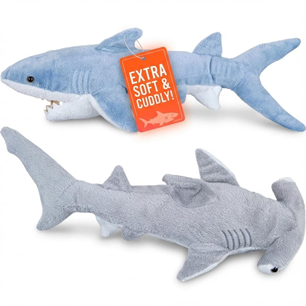 Bedwina Stuffed Animal Sharks - Pack of 2 Large, 14 inch Mako & 13 inch Hammerhead Plush Shark Toys, Stuff Animals Toy, for Baby Toddlers & Kids