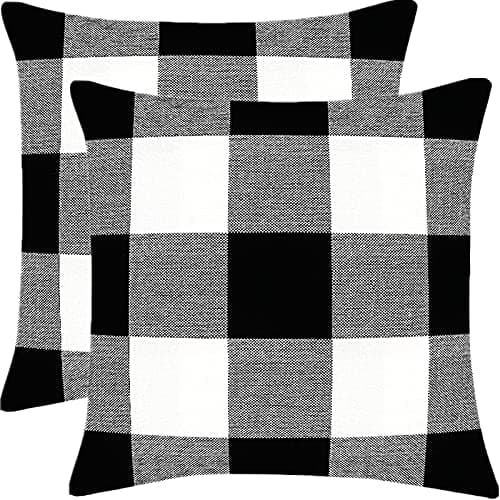 Beauenty 2-pack Farmhouse Buffalo Check Plaid Black And White Pillow Cover Throw Pillow Covers Cushion Case Polyester Linen For Outdoor, Porch Home Decor Black And White, 18 X 18 Inches