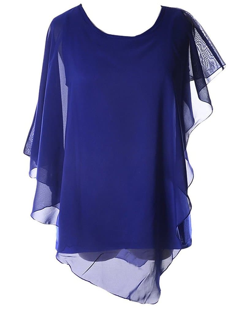Roewe Womens Batwing Sleeve Irregular Hem Chiffon Blouse Tops
