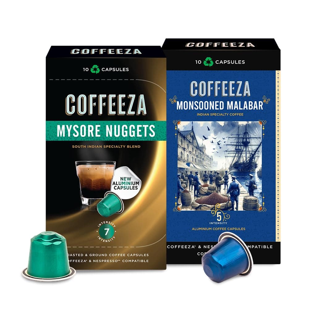 Coffeeza Mysore Nuggets & Monsooned Malabar Indian Single-Estate Specialty Coffee Variety Pack - 100% Arabica Coffee | Box of 2 (20 Coffee Pods)