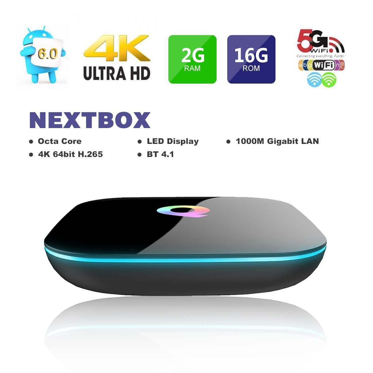 Smart Android TV Box ,QBOX 2017 Model Android 6.0 TV Box Amlogic AmlogicS905X 2GB RAM 16GB ROM Smart TV Box With Quad Core A53 Processor 64 Bits, HDMI 2.0 Output Support 4K*2K@ 60HZ Full HD,H.265,WIFI 2.4Ghz,1000M For Home Entertainment