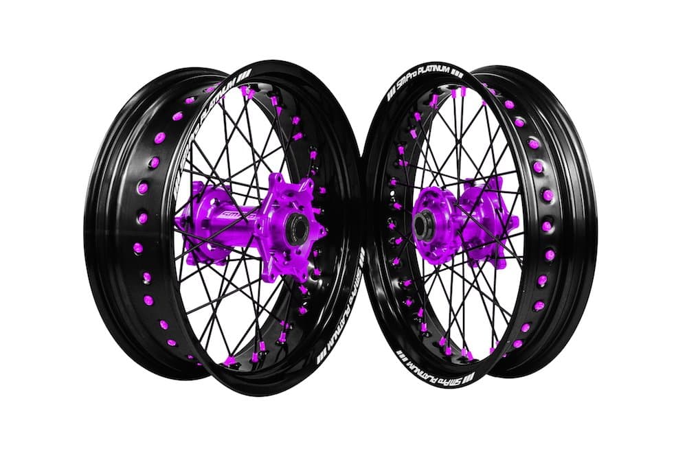 SM Pro Platinum SMP172.047.08.71.72.01.08.51 Super Moto Wheel Set - Honda CRF 250X/450X 04 on Speedo Drive Front 17 x 3.50 Rear 17 x 4.25 - Purple Hub/Gloss Black Rim/Purple Nipples/Black Spokes