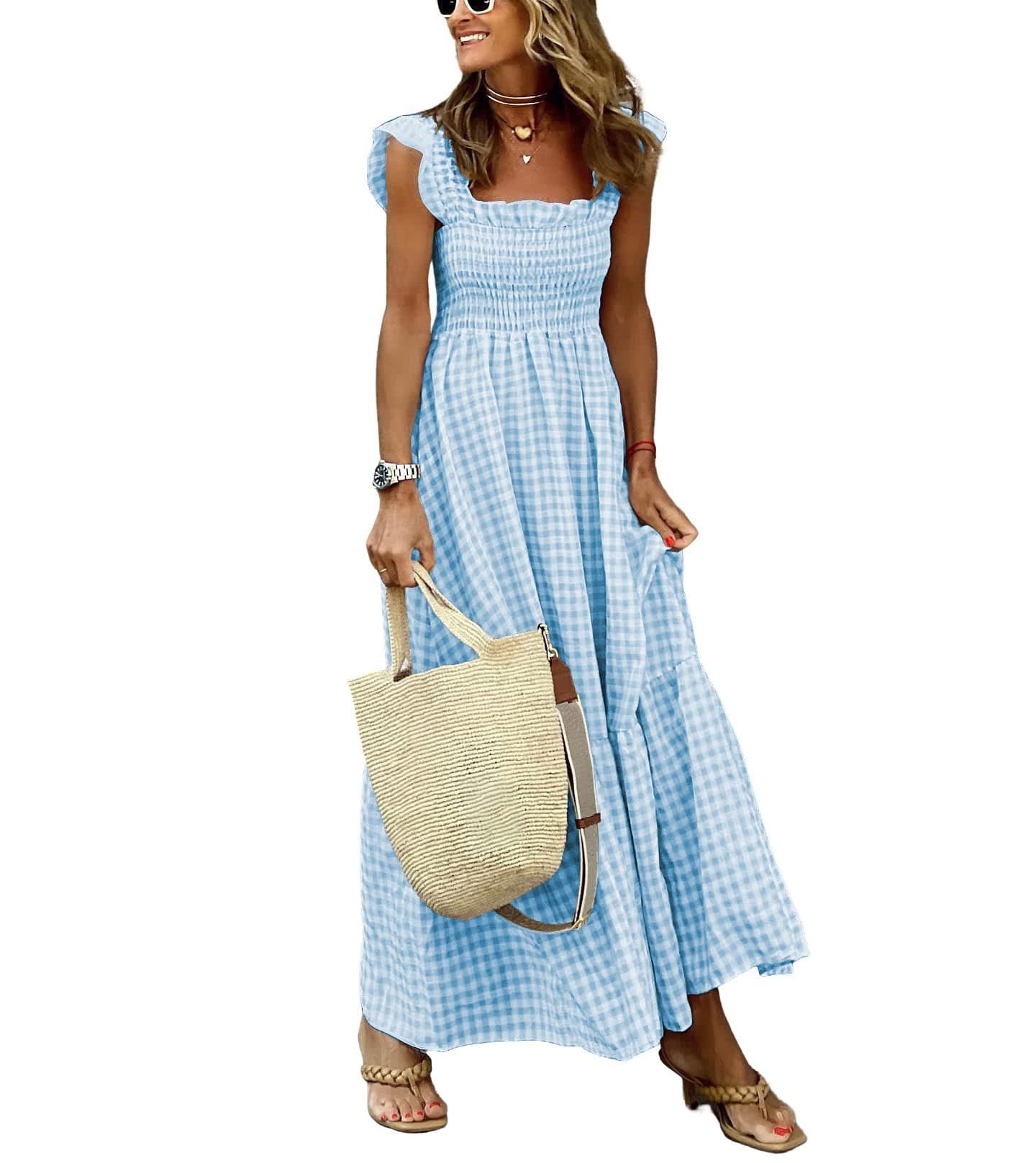 Women's Retro Plaid Smocked Dress Spaghetti Strap Flounce Long Dress