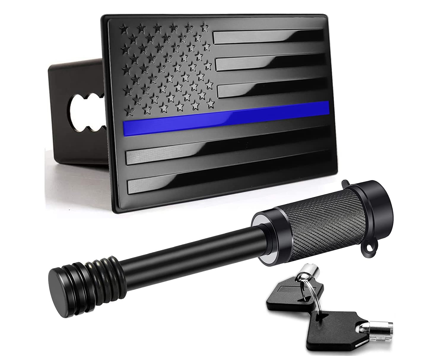 American Flag Metal Trailer Hitch Cover for 2 inch Receivers（with 5/8-Inch Pin Diameter Trailer Hitch Lock ） (Blue)