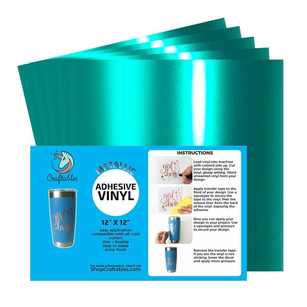 Craftables Teal Metallic Craft Vinyl for Cricut and Silhouette, Cameo - Chrome Polish Finish Vinyl - (5) 12" x 12" sheets