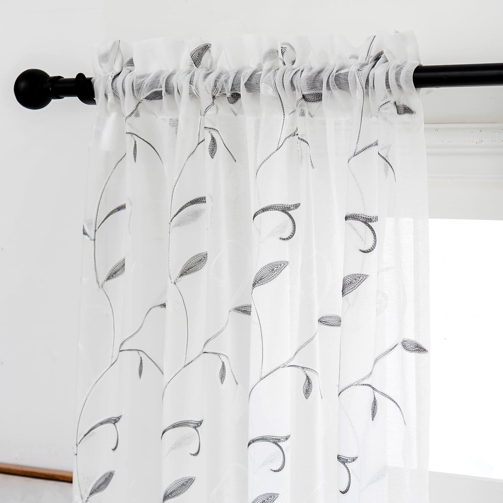 VISIONTEX Sheer Voile Curtains Loop Embroidered, Decorative Grey Leaves