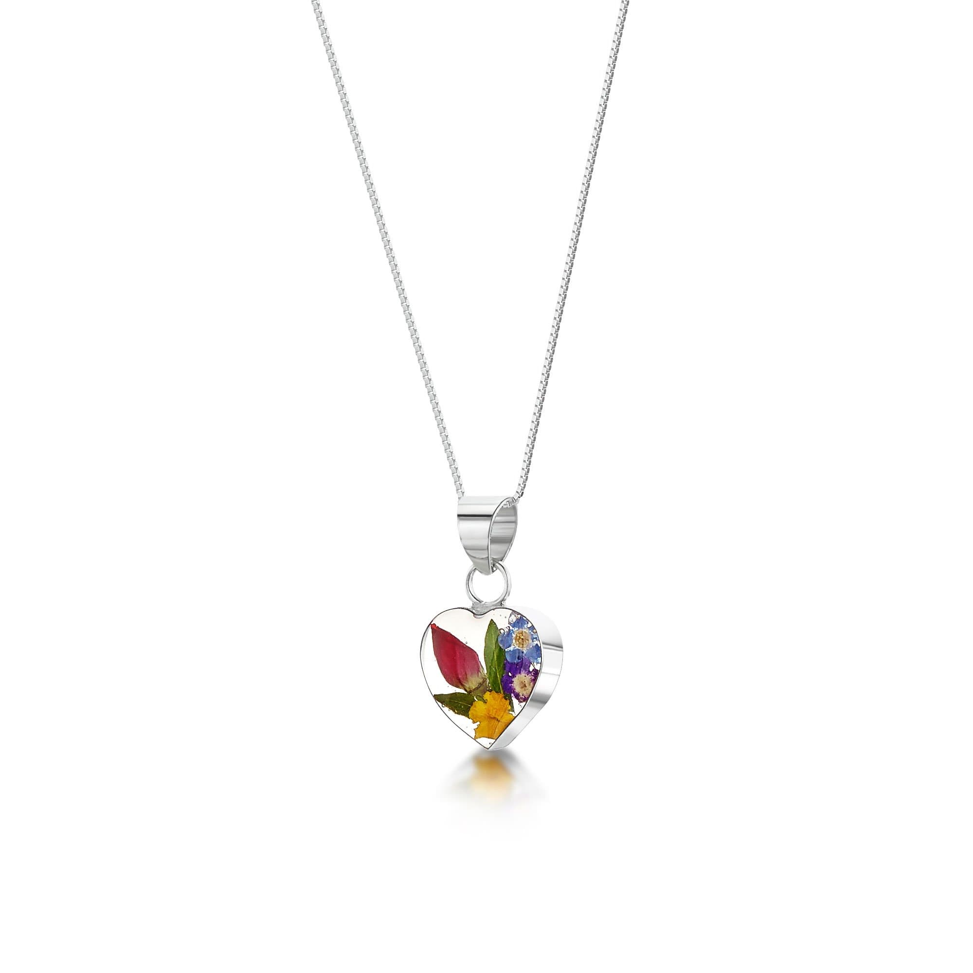 Sterling Silver Real Flower Pendant Necklace - Mixed Flowers - Heart - 18" chain included