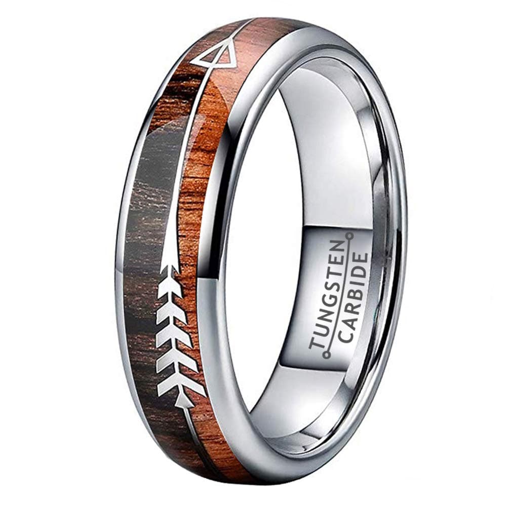 6mm Tungsten Carbide Rings for Men Women Wedding Bands Koa Wood Arrow Inlay Polished Shiny Comfort Fit