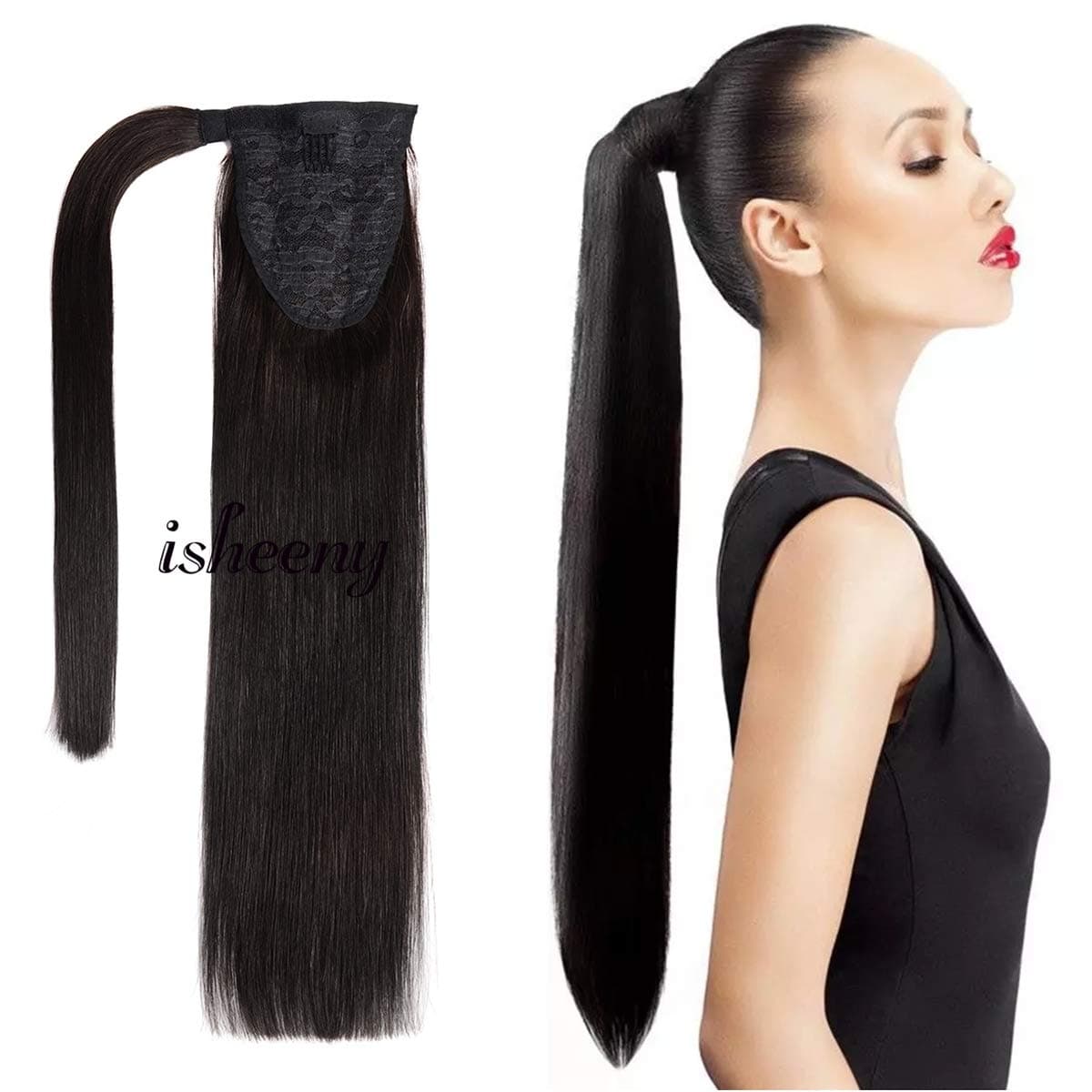 14 Inches Clip in Human Ponytail Hair Extensions Remy Human Hair Piece for Women 1 Piece Hairpiece 60 Grams Wrap Around Ponytail Human Hair Extensions Black Color