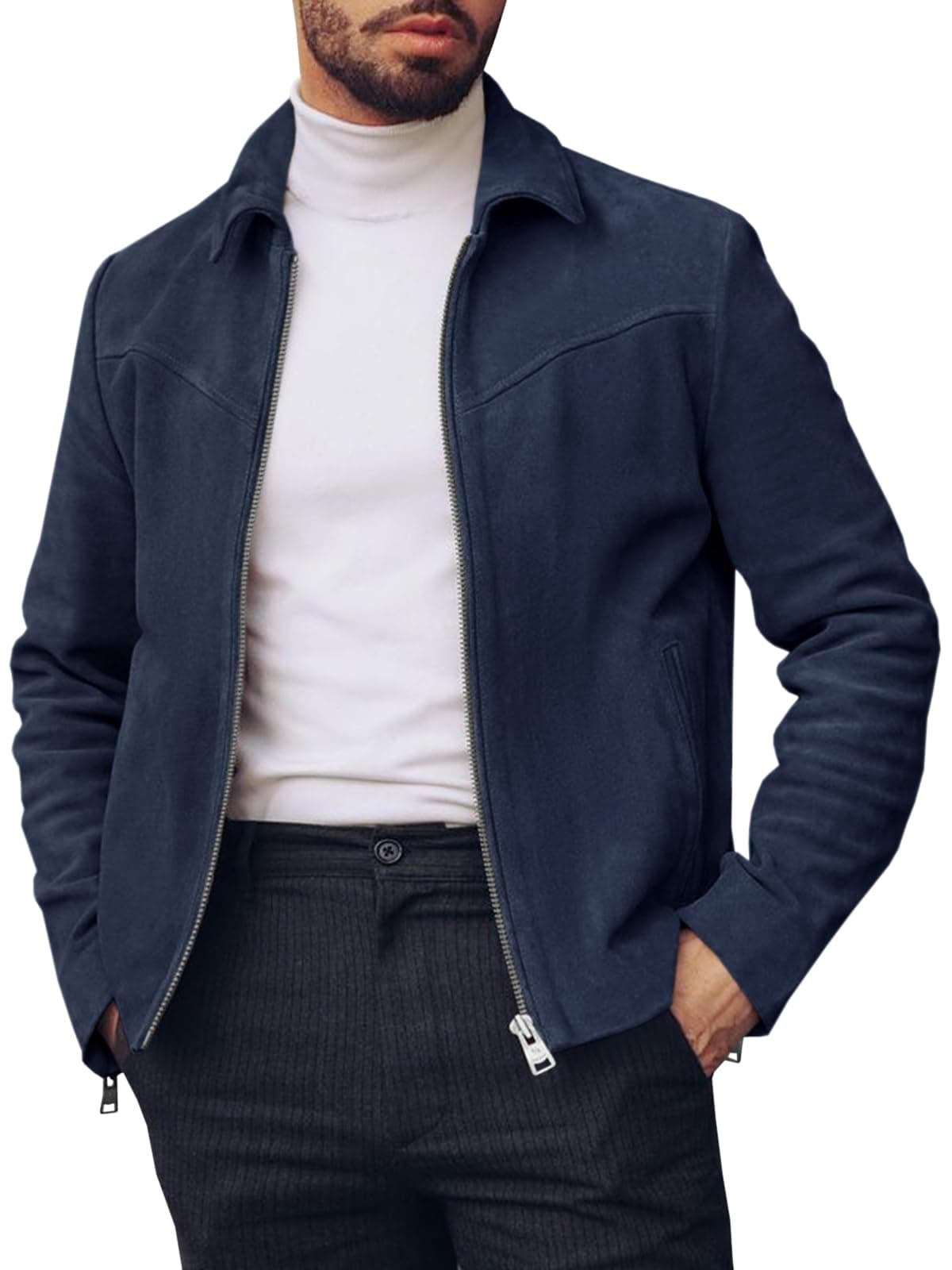 Men's Suede Jacket Full Zip Casual Vintage Jackets Lightweight Classic Trucker Coat