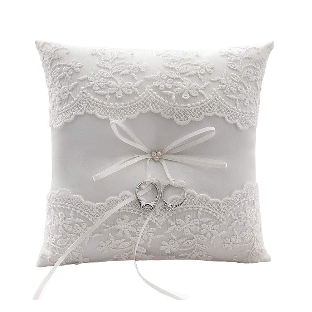 Ring Bearer Pillow Ivory, Wedding Ring Pillows, Personalize Wedding Rings Holders with Beautiful lace & Flower 7.9" x 7.9"（Lvory White）