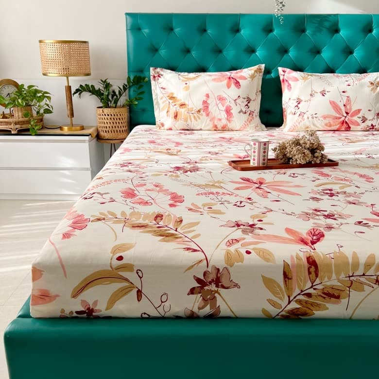 Serene 200 TC 100% Cotton Bedsheet King Size Bed, King Size Bedsheet with 2 Pillow Covers (Size 108 x 108 inches, Floral Feast Peach)