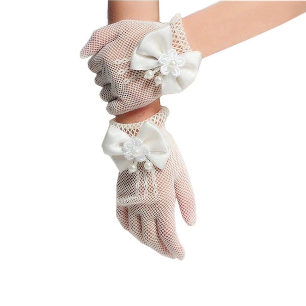 Wedding Flower Girls Mittens Pearl Bow Tie Fish Net Gloves- White