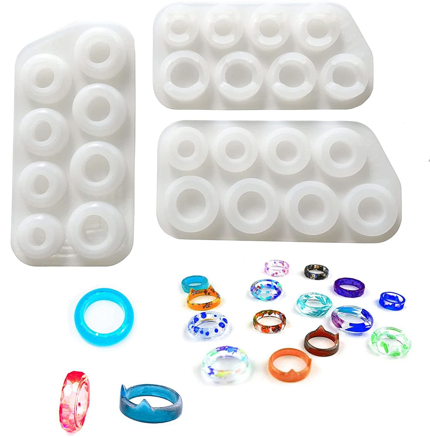 Szecl 3Pcs 8 Cavities Ring Molds Resin Jewelry Different Sizes 15-22mm Round, Rhombus, Creative Cat Shape Ring Resin Casting Mold for DIY Handmade Craft Earrings, Pendants, Rings Making Tool