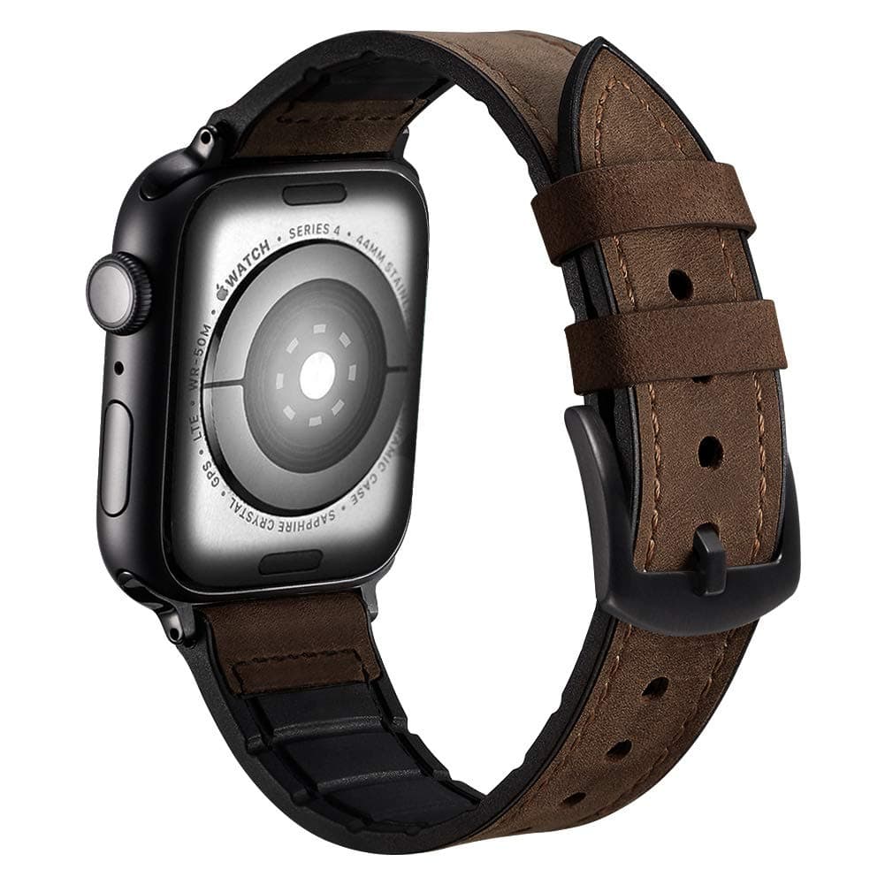 Karei Hybrid Rubber Leather Sports Band Compatible with Apple Watch Bands Sweat Proof Silicone Vintage Replacement Straps iwatch Series 4 44mm,Series 1 2 3 42mm (Retro Coffee, 44mm/42mm)