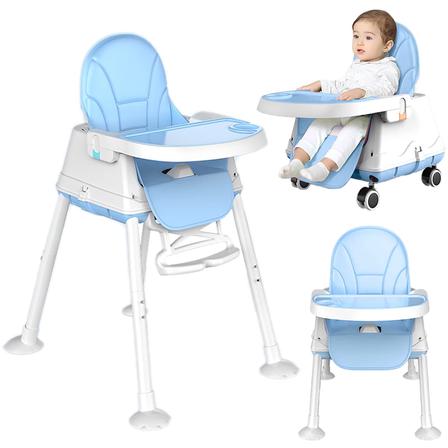 TOMVAES3 in 1 Convertible Baby High Chair,Highchair w/Double Removable Tray, Infant Feeding Chair-Toddler Chair,Multifunction Portable Children Dining Chairs… (blue)