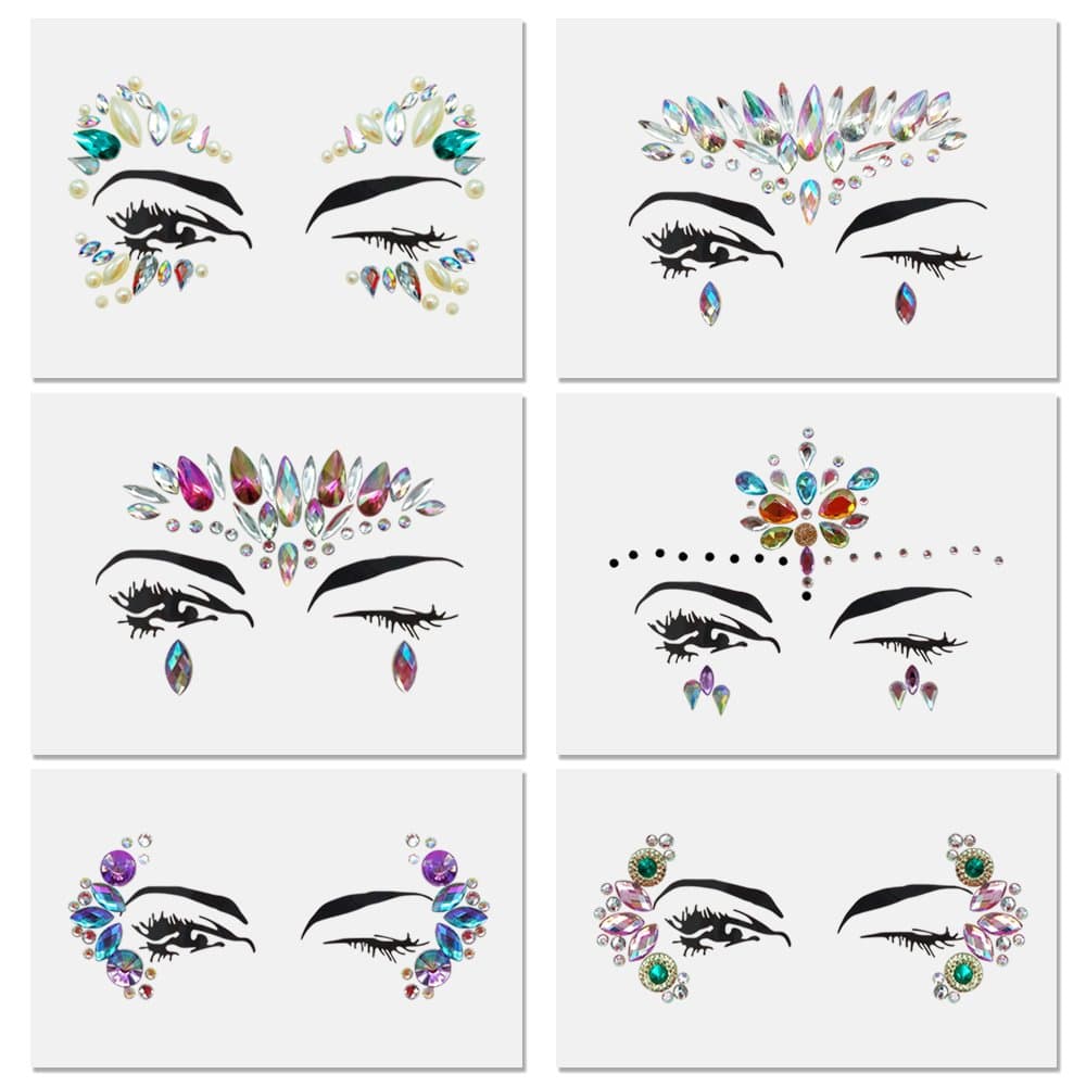 Festival face jewels Tattoo, Udyr 6 Sets Rhinestone Crystal Gem Stones Temporary Sticker Tribal Style 3D body Face And Eye Jewels Forehead Stage Decor (set 1)