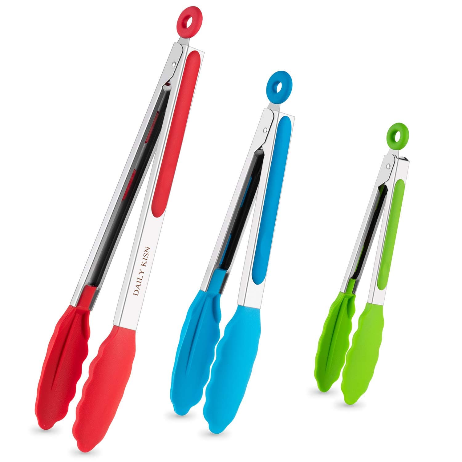 DAILY KISN Kitchen Tongs Set of 3, Stainless Steel Tongs with Silicone Tips for Cooking, Barbecue, BBQ Grill (Multicolor)