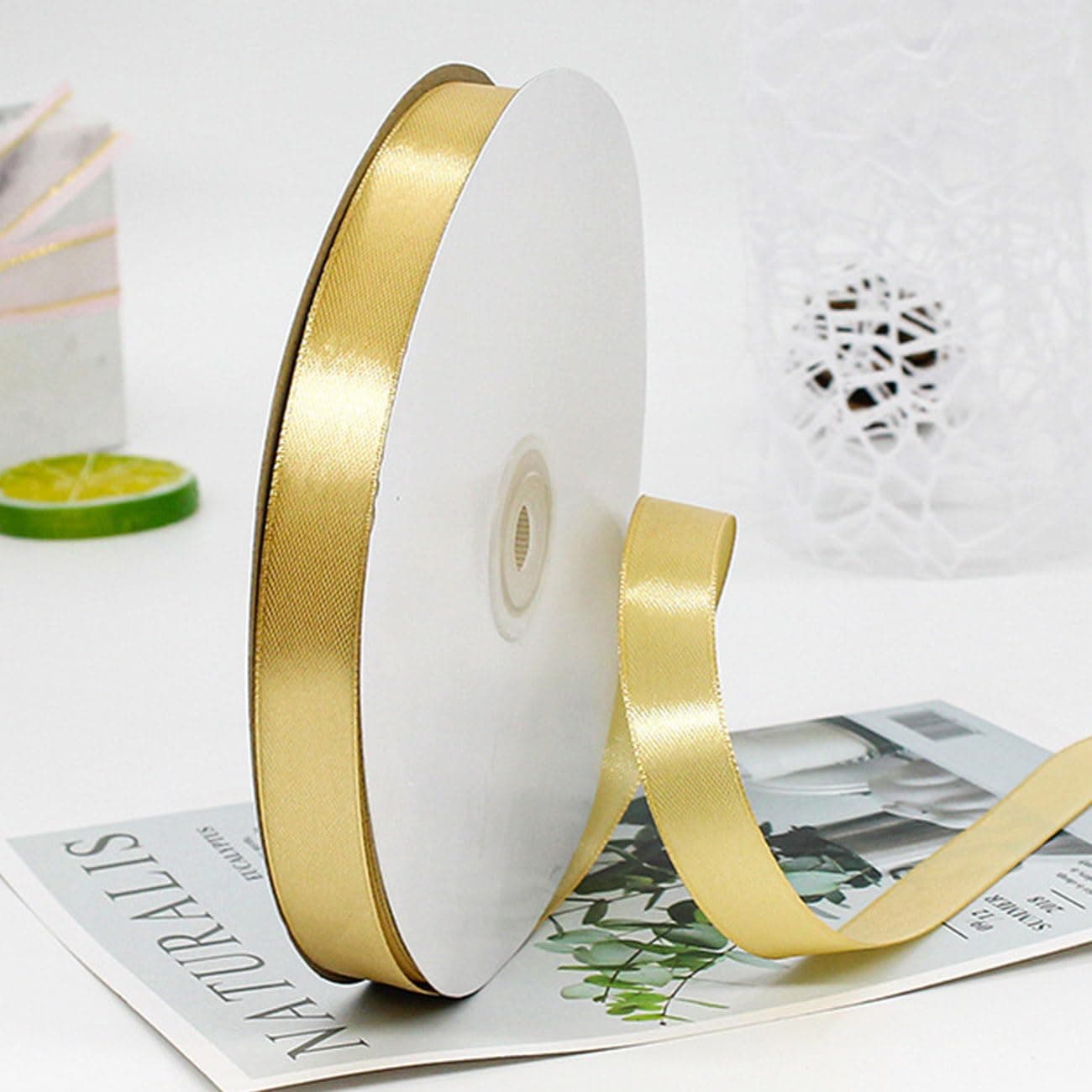 3/8 Inch Gold Satin Ribbon Rolls(10mm Wide x 91m Long) for Gift Wrapping,Crafting,Florist