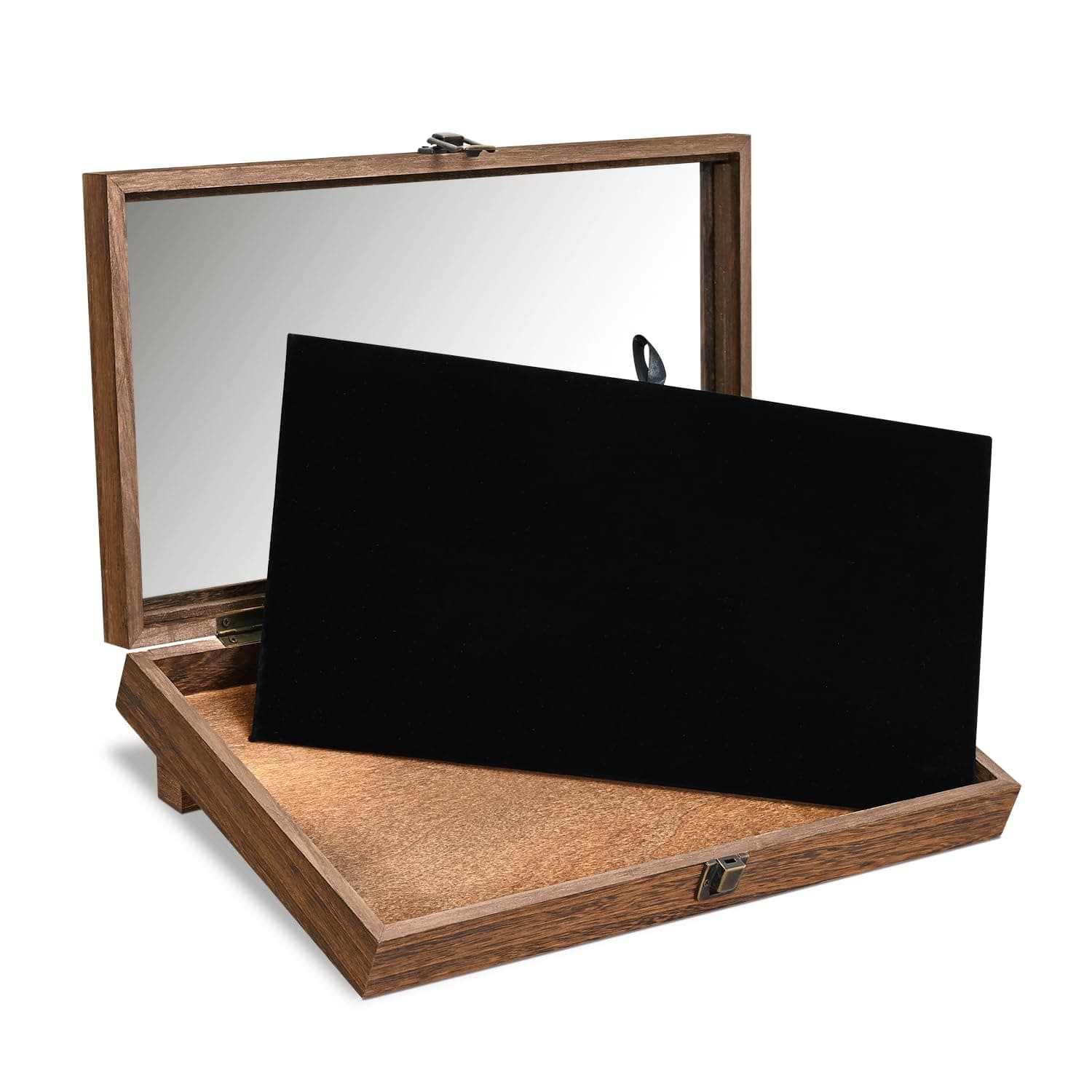 MOOCA Tempered-Glass Top Wooden Jewelry Display Case with Removable Base & Black Luxurious Velvet Jewelry Display Pad, Deeper 2.2" Design for Collectibles, Dual display options, Brown Color.