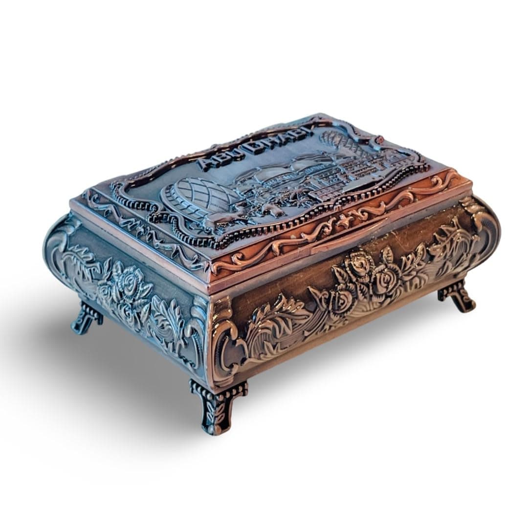 Dubai City Carved Embossed Souvenir Vintage Treasure Box Exquisite Trinket Storage Case, Figurine Jewelry Storage Home Decor Table Decor Festival Gift Classic Ornaments Metal Craft (Bronze)