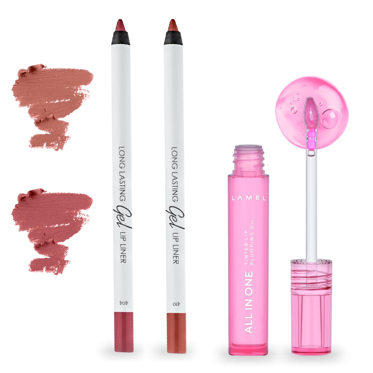 Lamel Glossy Lip Essentials Bundle: Gel Lip Liner Pencil and Lip Tinted Plumping Oil Set - 3Pcs Kit: Lip Tinted Plumping Oil 402, Nude Lip Liner Pencil 407, 410