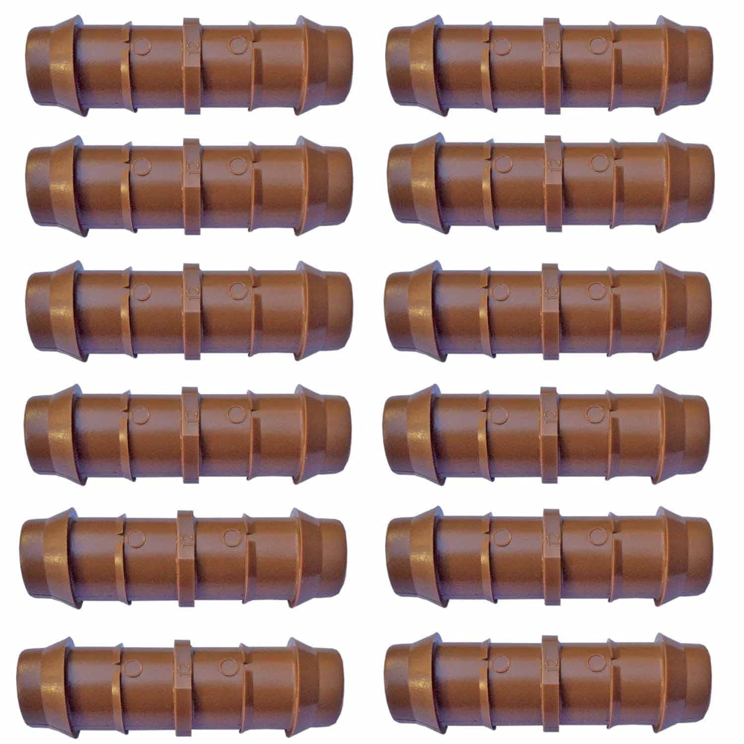 1/2" Coupling Drip Irrigation Fittings (12 Pack) - Barbed Drip Line Coupler Connectors compatible with Rain Bird and Most 1/2" Tubing or Sprinkler Systems