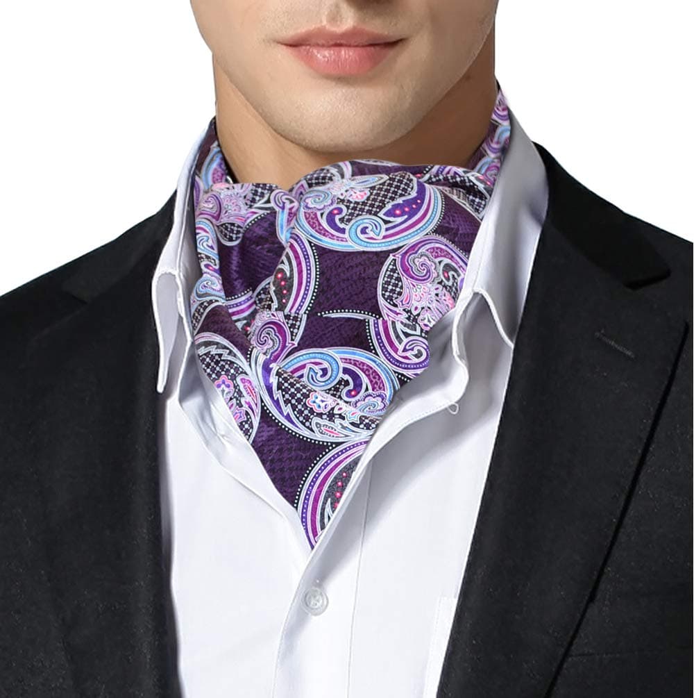 Remo Sartori Made in Italy Men's Black Purple Paisley Self Cravat Ascot Tie, Silk