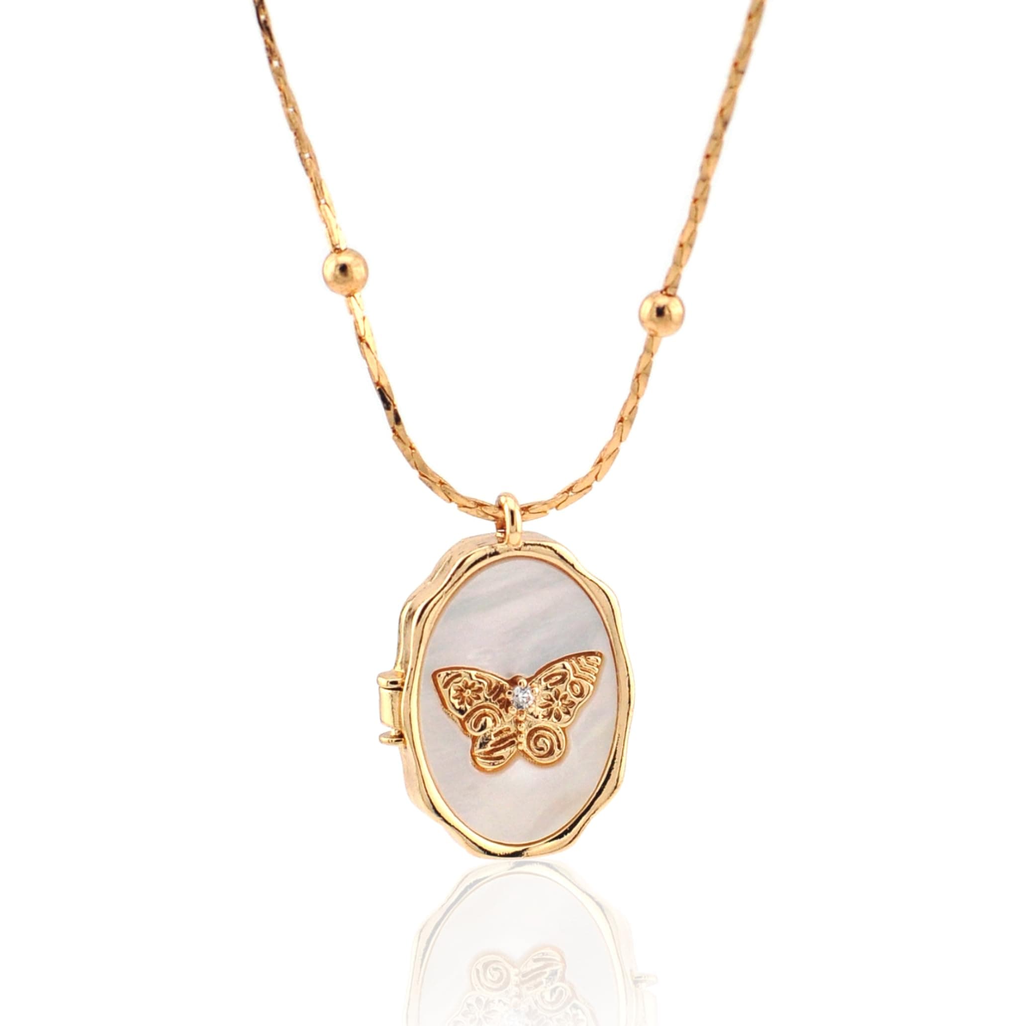 Dainty Gold Necklace for Women, 14k Gold Butterfly Shell Small Locket Charm, Gifts for Women