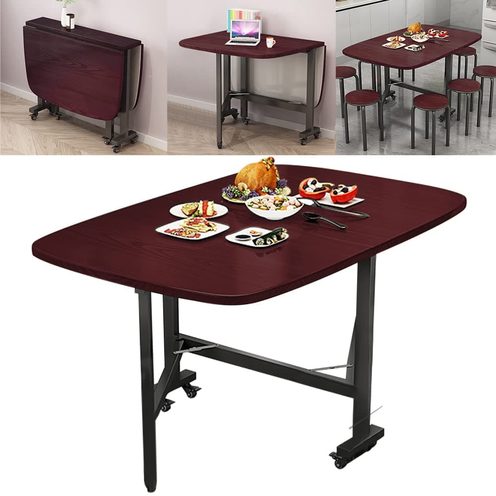 Foldable Kitchen Table Dining Room Table Mobile Space Saving Versatile Drop Leaf Dinner Table with 6 Wheels,Foldable in Three Forms Table