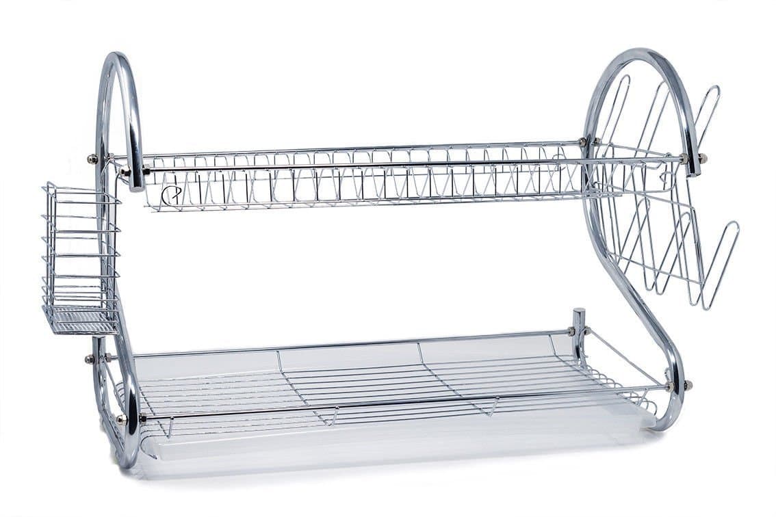 AparkEU 2 Tier Chrome Plate Dish Cup Cutlery Drainer Rack Drip Tray Plates Holder - Stainless Steel Plate Dish Drainer Drying Rack, 37 x 43 x 25 cm