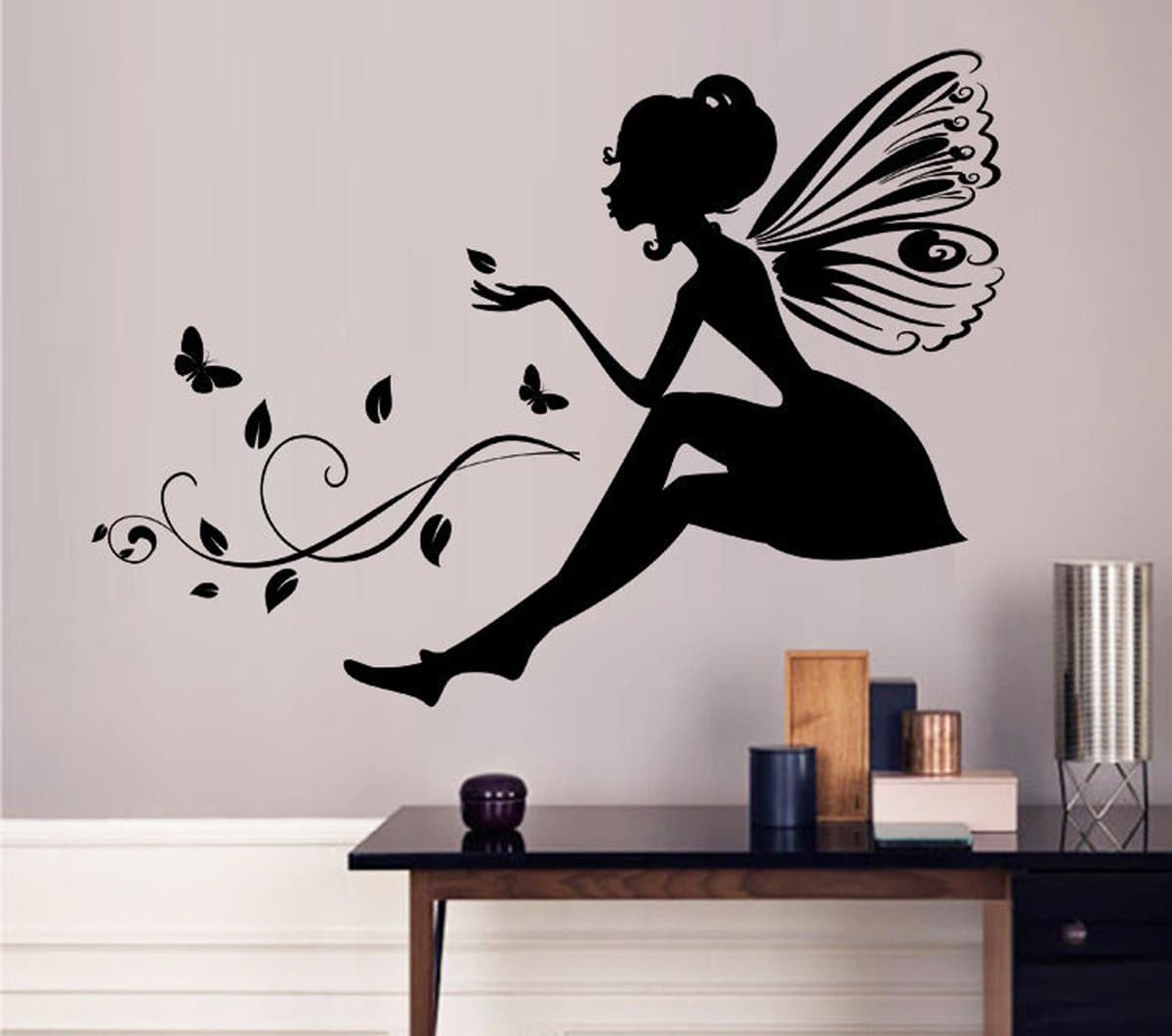 Wall Decals Removable DIY Flower Fairy Girl Wall Stickers for Kids Room Living Room Office Kitchen Bedroom Home Decor (Black Butterfly Girl)