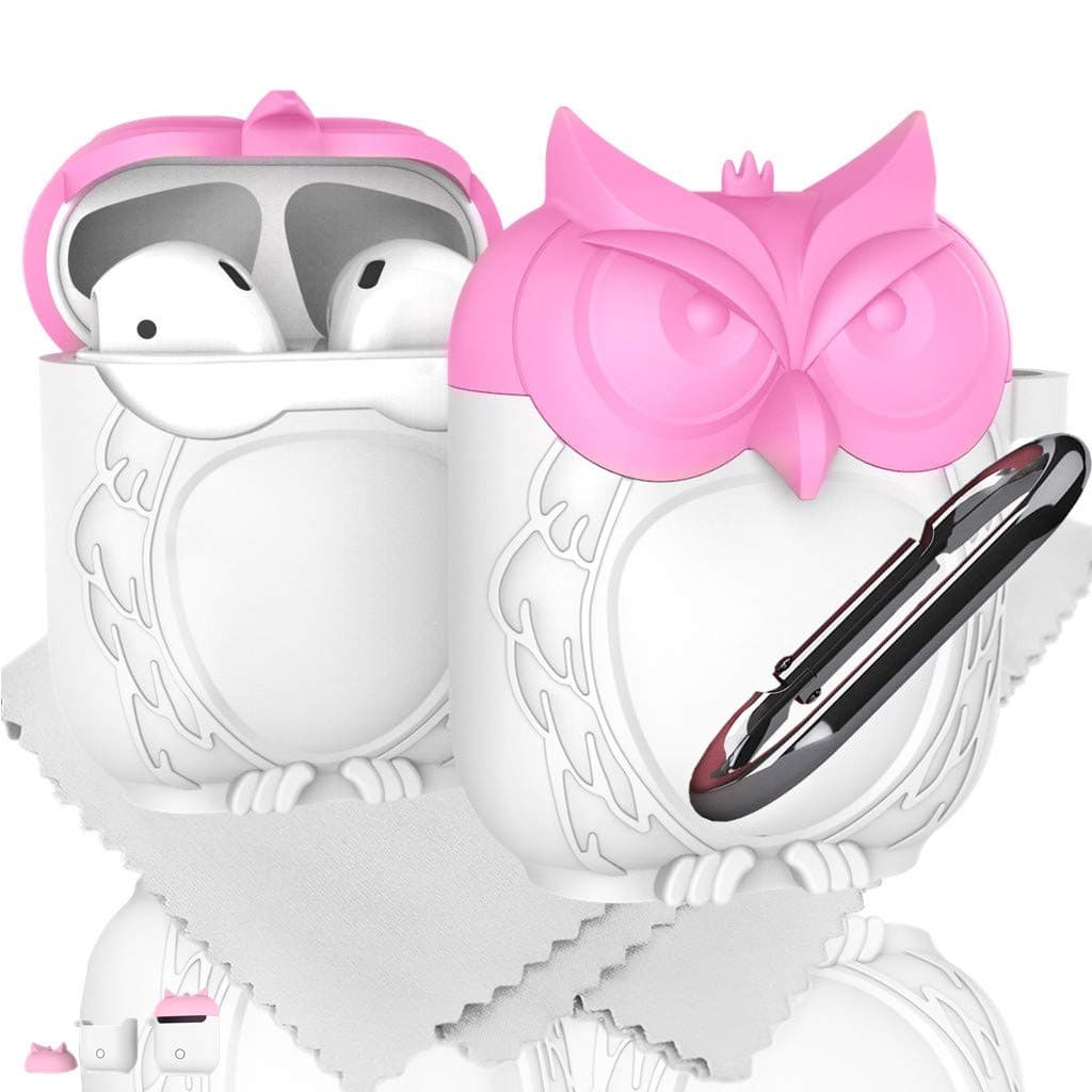 Durable Silicone Airpod Cover Skin Case for Apple Airpods 2 & 1 Protective - BUVE Anti-dust Air pod Protector with Carabiner,Cleaning Cloth - White Pink