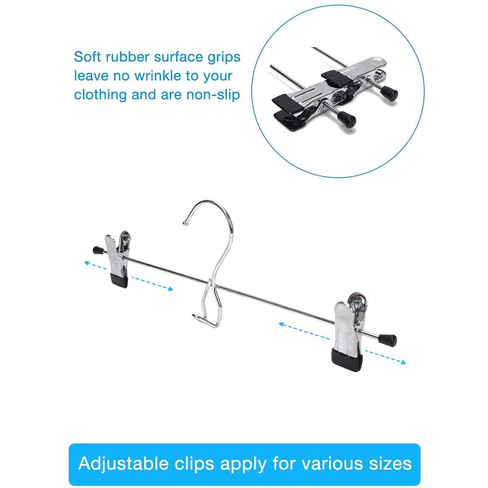 JS HANGER Pants Hangers 12 Pack Multi Stackable Add on Trousers Hangers Heavy Duty Space Saving Skirt Hangers with 2-Adjustable Clips, Chrome + Black