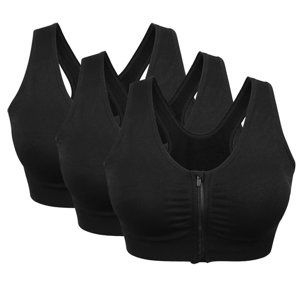 3 Pack Women's Sports Bra Zip Front Non Wired Comfy Post Surgery Bra with Removable Pads