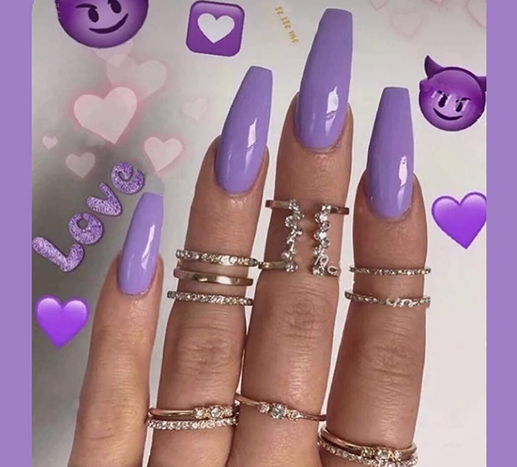 Brishow Coffin False Nails Purple Halloween Fake Nails Reusable Acrylic Ballerina Press on Nails Full Cover Stick on Nails 24pcs for Women and Girls（Lavender）