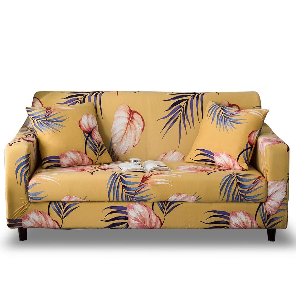 HOTNIU Stretch Sofa Cover Printed Couch Cover Sofa Slipcovers for Couches and Sofas Polyester Spandex Furniture Cover/Protector with Elastic Bottom & Anti-Slip Foam (3 Seater, Yellow Leaves)
