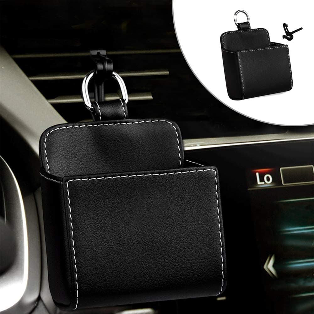 HerMia Car Air Vent Cell Phone Holder, Car Mount Phone Holder Pocket Organizer, Hanging Leather Tidy Storage Coin Key Case Sunglasses Organizer with Hook (Black)