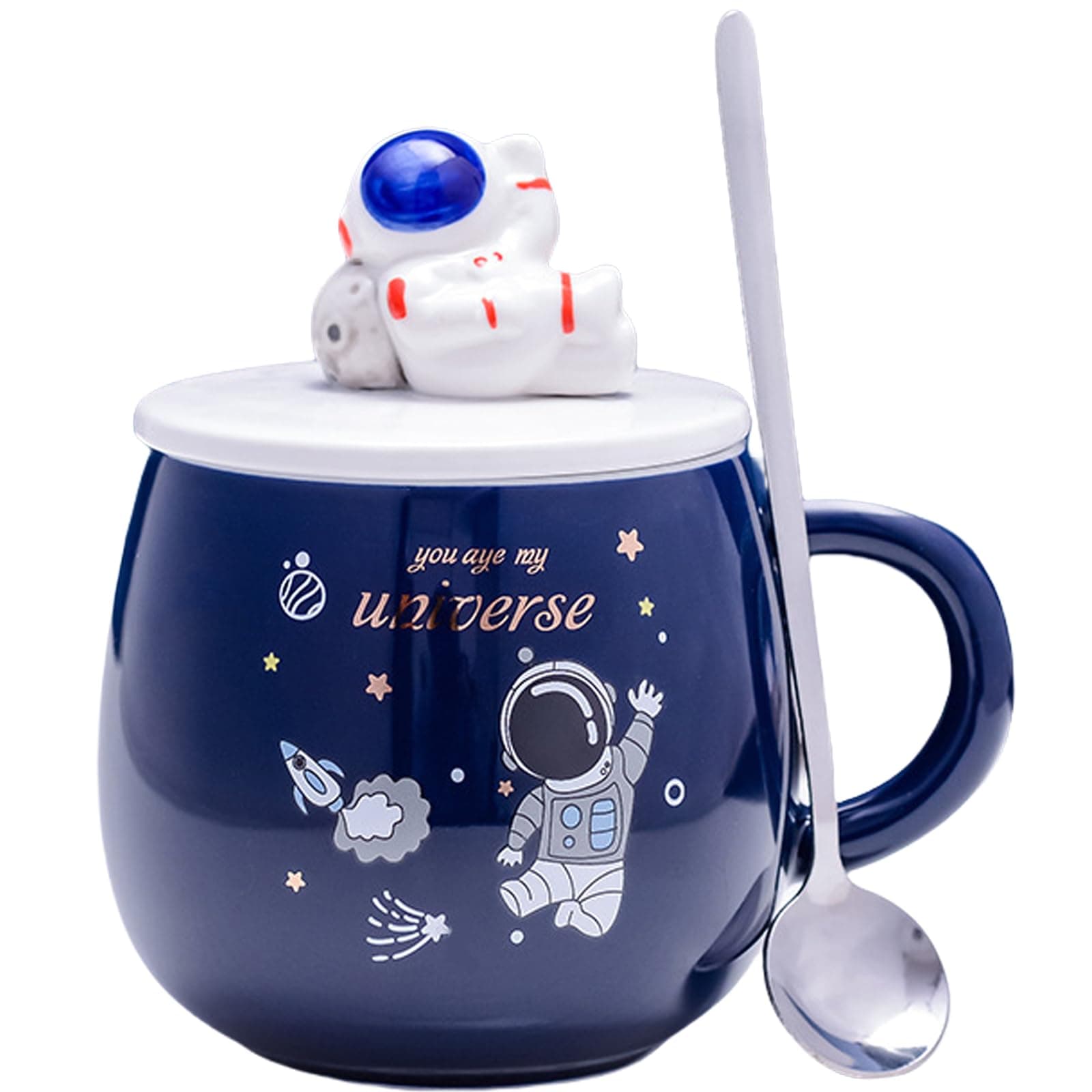ZONSUSE Funny Space Mug, Cute Astronaut Cup, Creative Spaceship Mug, Novelty Coffee Cups, with Lid and Spoon, Space Gifts for Men Boys Girls Kids Interstellar Astronomy Enthusiasts 450ml (C)