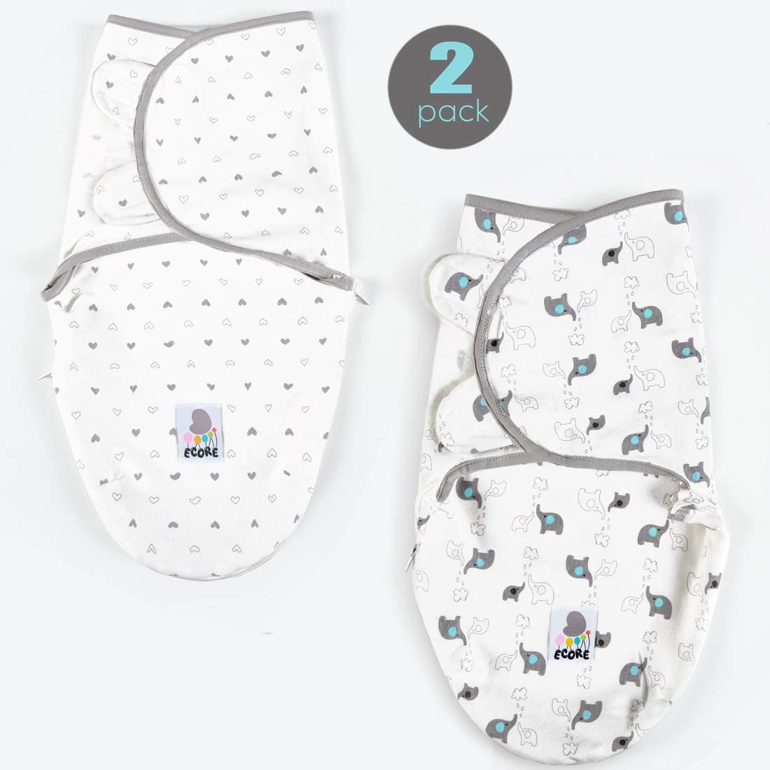 Ecore Baby Swaddle Blankets for Newborn Boys and Girls (2 Pack) Infant Swaddling Wraps,Quick Access Zippered Sack，Secure Comfort，Heart/Elephant