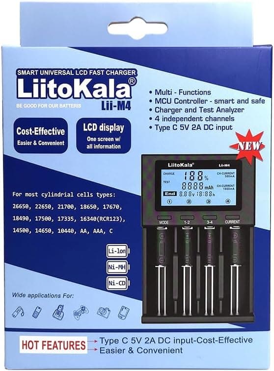 LiitoKala LII-M4 4-Bay 18650 Battery Charger, Universal Battery Charger,Test Battery Capacity,LCD Display Fast Charging for 3.7V 26650 18650 18350 20650 14500 18500 1.2V AA AAA C SC Size Batteries