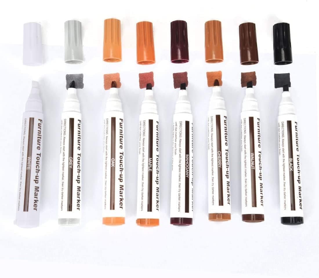 SEISSO 42pcs Furniture Repair Kit, 12 Wood Fillers+8 Wood Repair Markers+8 Filler Crayon Sticks+1 Sharpener+12 Brushes+1 Scraper for Repair Floor Furniture Scratch, Stain, Crack