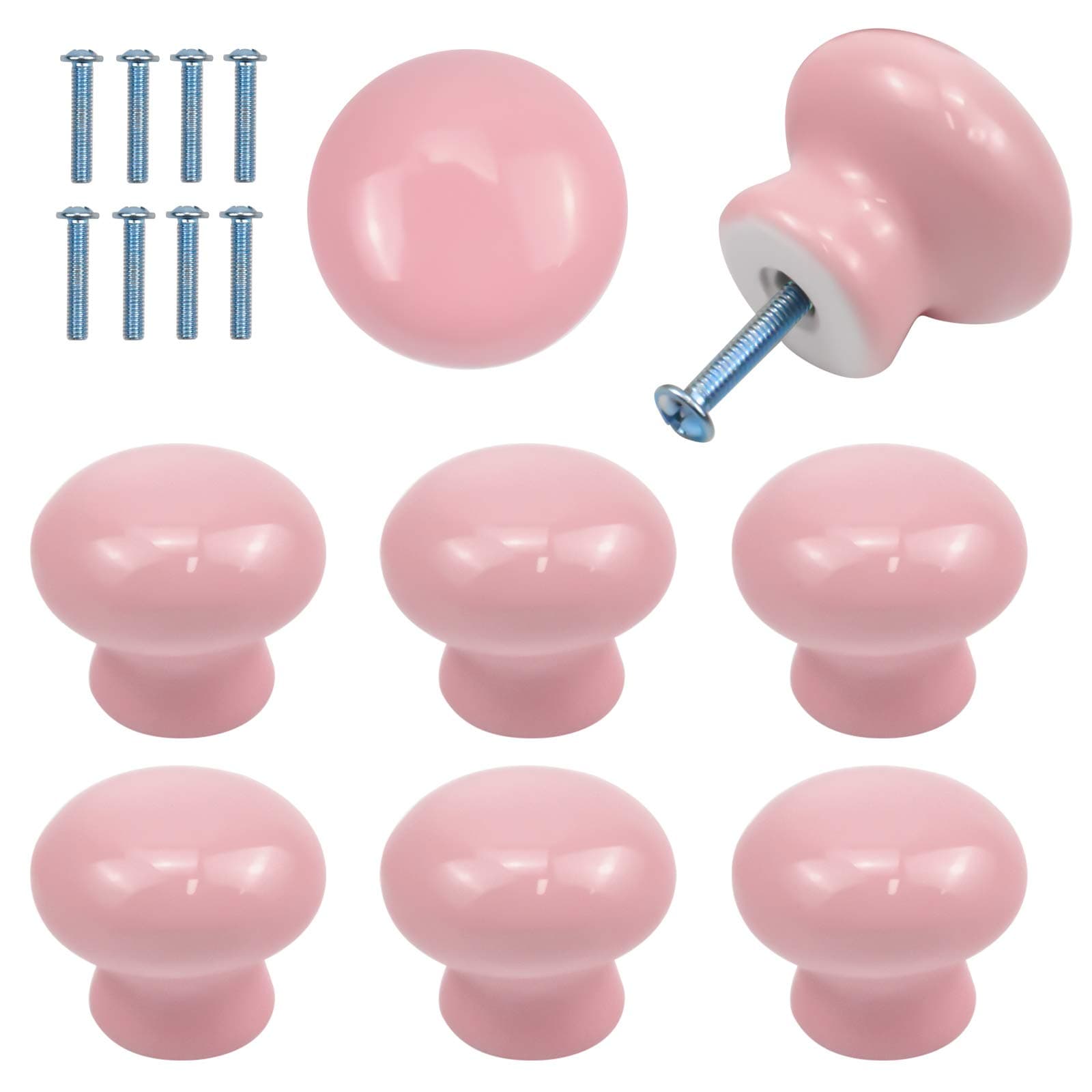 8 Pack Door Knobs for Kids, 35mm Round Cabinet Knobs, Pink Ceramic Cupboard Handles and Knobs, Furniture Pull Handles with Screws for Drawer, Wardrobes, Interior Doors, Kitchen ,Living Room (Pink)